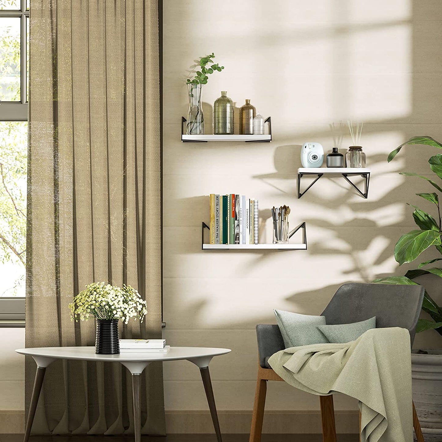 Set of 3 Floating Shelves - Wall Mounted - Rustic Design - Suitable for Bedroom, Bathroom, Living Room, and Kitchen - Color: White - Offers Stylish Wall Storage.