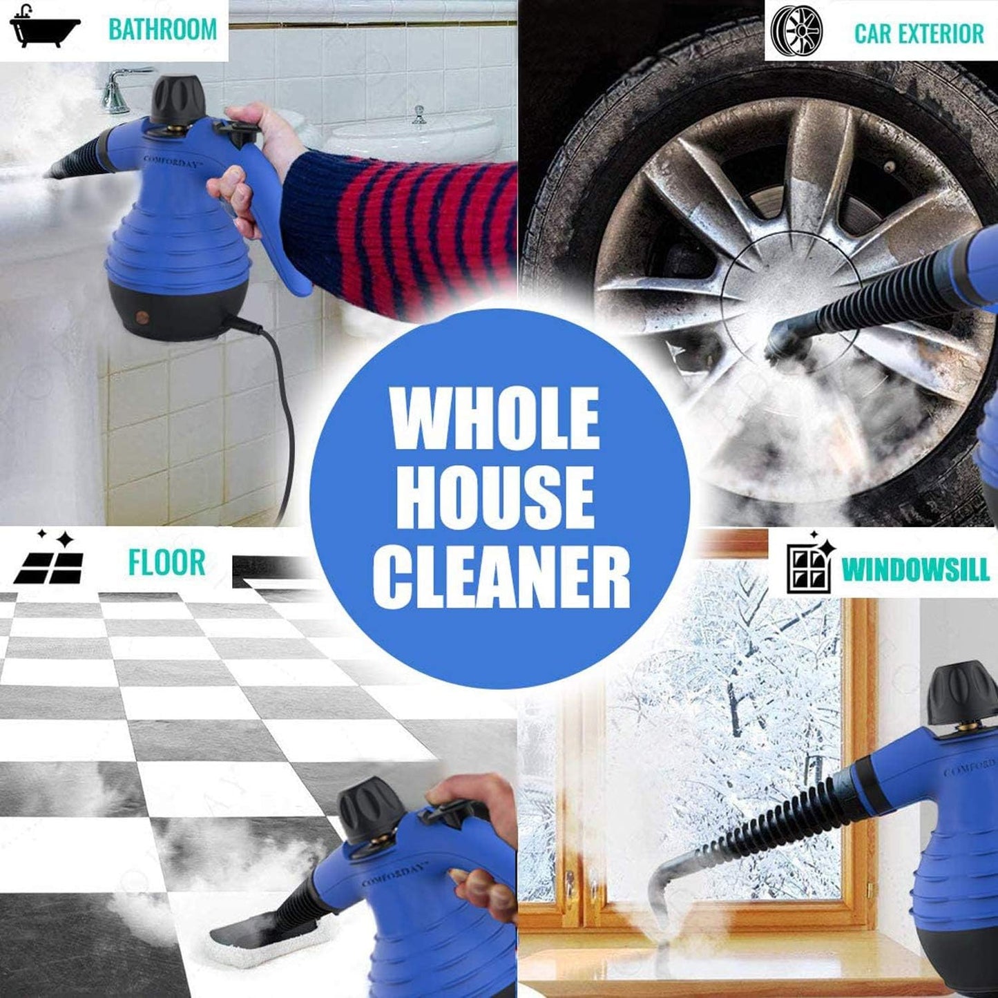 Handheld Steam Cleaner - Versatile Steamer with Safety Lock for Efficient Stain Removal, Carpet Cleaning and 9 Additional Accessories for Effective Hard Surface Cleaning