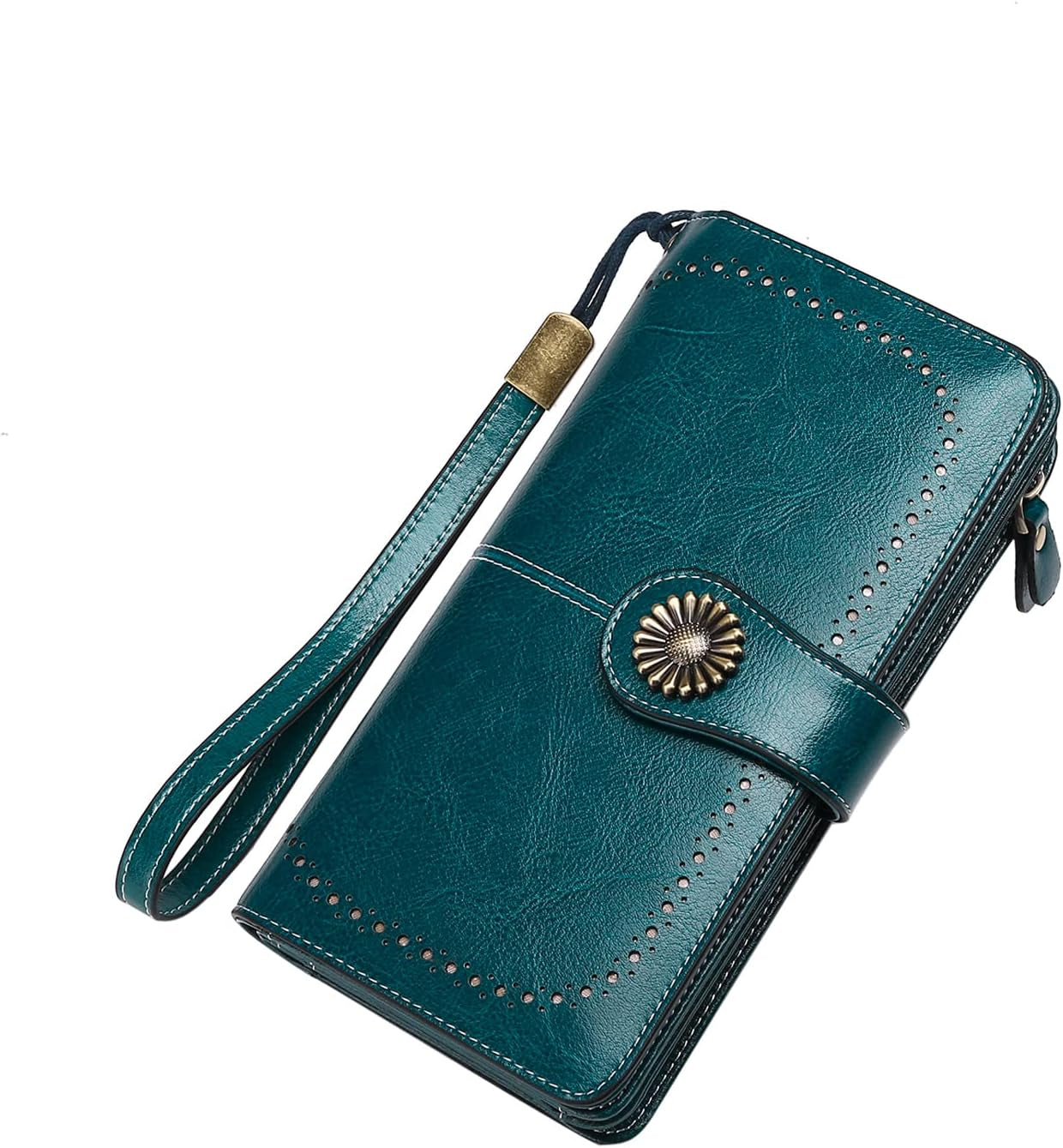 Genuine Leather Women's RFID Blocking Wallet Blue - Clutch Style with Card Holder Organizer and Purse Functionality, Available in Blue; Measures 7.6 x 1.37 x 4.1 inches, Features Zipper Closure, Snap Closure, and Trifold Closure for Added Security.