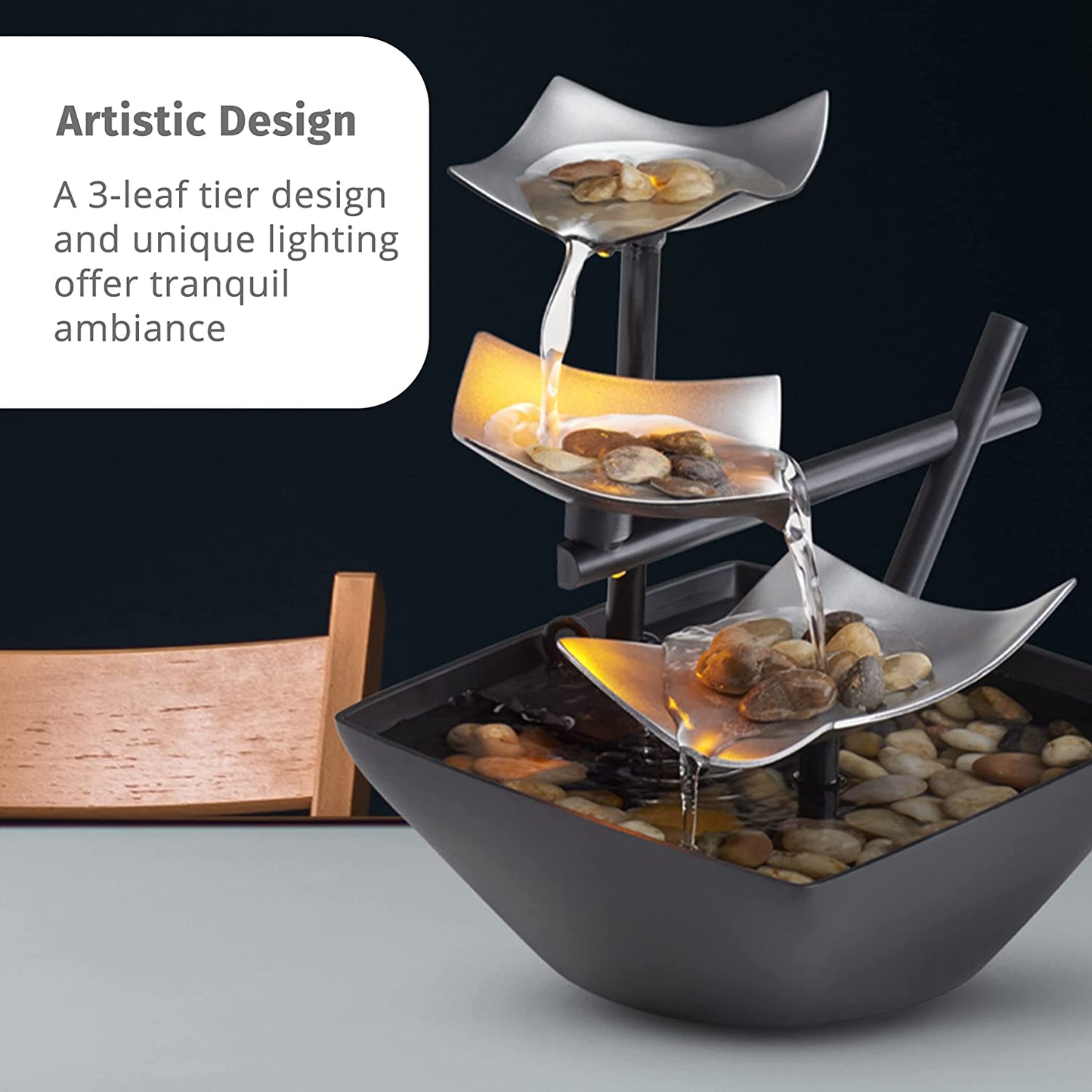Indoor 3-Tier Tabletop Fountain Automatic Pump with Power Switch, Extra Deep Basin with Natural River Rocks and Reflective Lighting Feature, EnviraScape Silver Springs