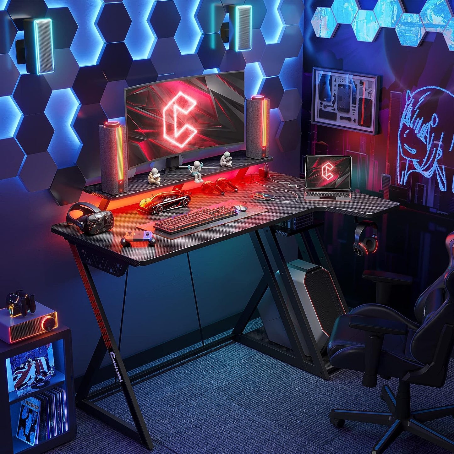 L-Shaped Gaming Desk - 47 inch - LED Lights & Power Outlets Included - Carbon Fiber Surface - Storage Shelves - Monitor Shelf - Ideal for Gaming Setup and PC Use - Color: Black.