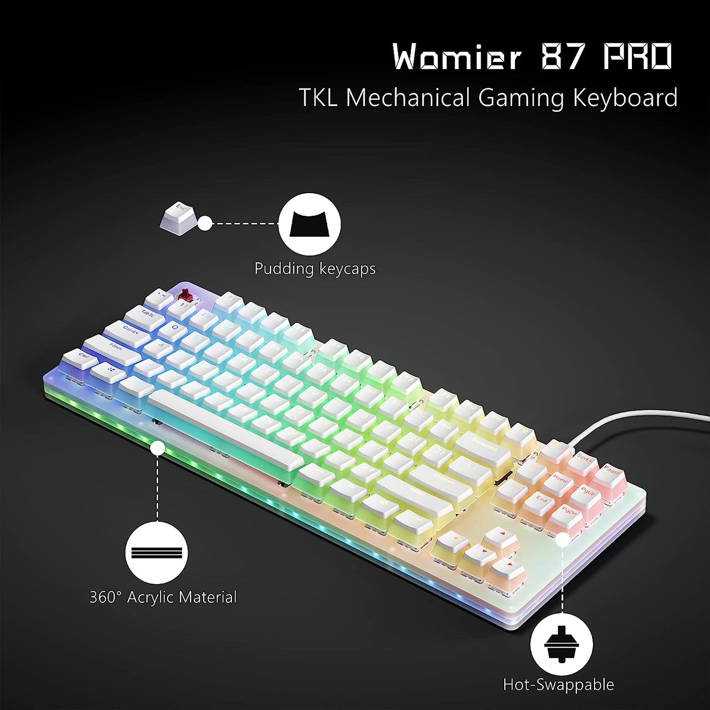Red Switch K87 Pro TKL Mechanical Keyboard - Hot Swappable Keyboard with Pudding Keycaps, Gateron Switch, and RGB Backlit. Ideal Gaming Keyboard for PC, PS4, and Xbox.