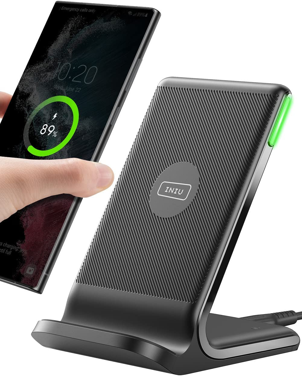 15W Qi-Certified Wireless Charging Stand: Fast Wireless Charger with Sleep-Friendly Adaptive Light. Compatible with iPhone 14, 13, 12 Pro, XR, XS, 8 Plus, Samsung Galaxy S21, S20, Note 20, and Google Phones. Color: Gray.