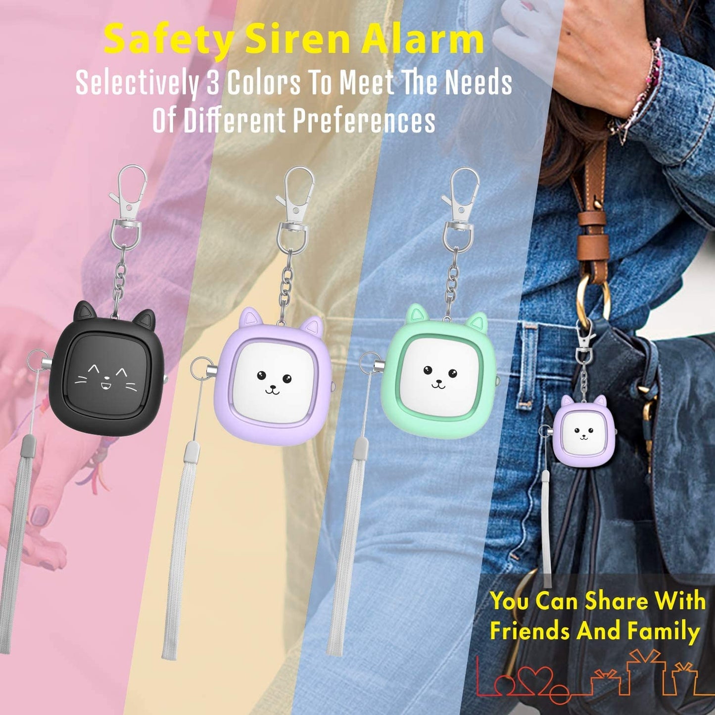 Personal Safety Alarm, 3-Pack 130 dB Emergency Self-Defense Security Alarm Keychain with LED Light - Ideal for Women, Men, Children, and the Elderly (Black/Purple/Green)
