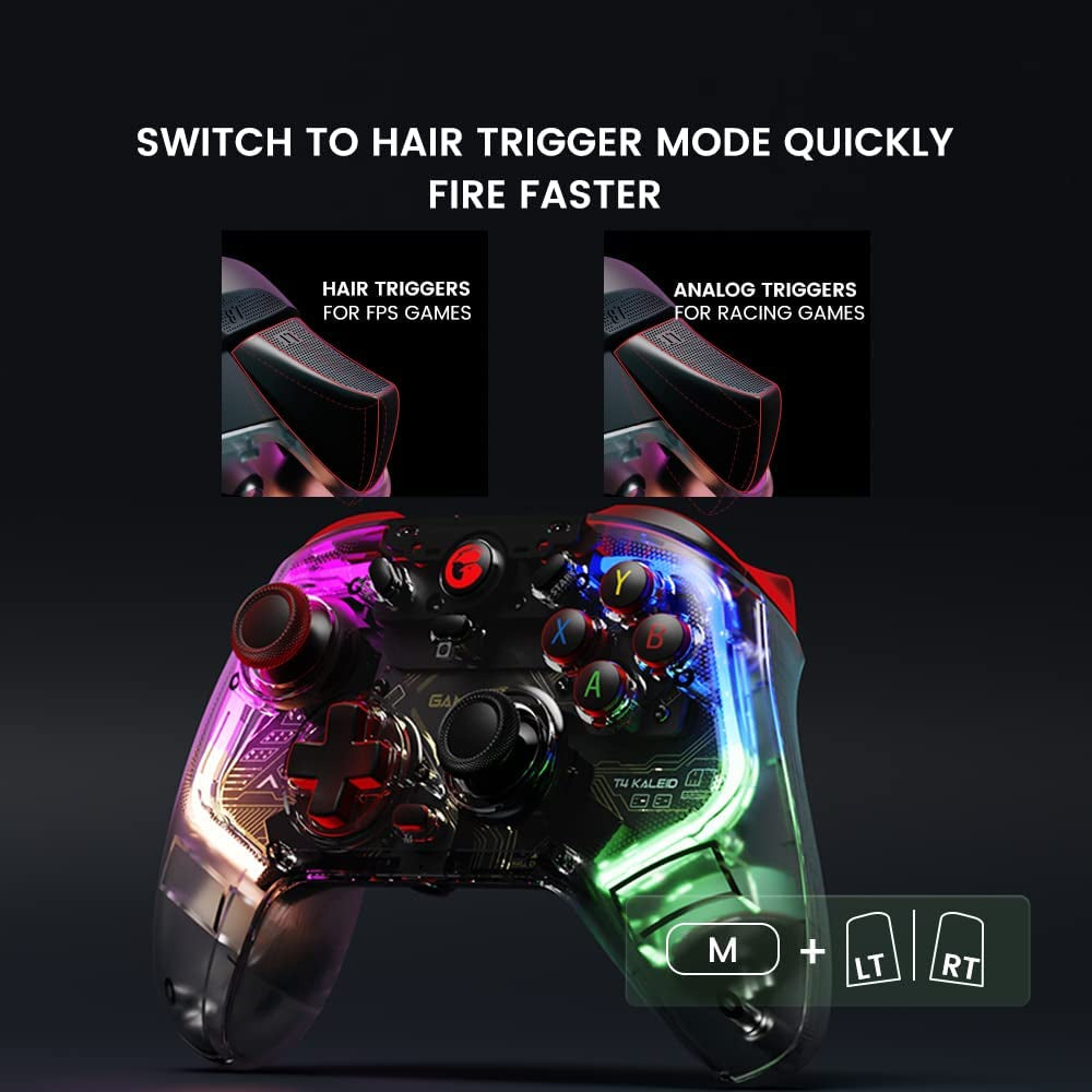 Kaleid Transparent T4 PC Controller - Wired Gaming Controller for PC, Switch, and Android TV Box. Plug and Play Gamepad Joystick featuring Hall Effect Sticks, Analog Triggers, 3.5mm Audio Jack, and 2 Back Buttons.