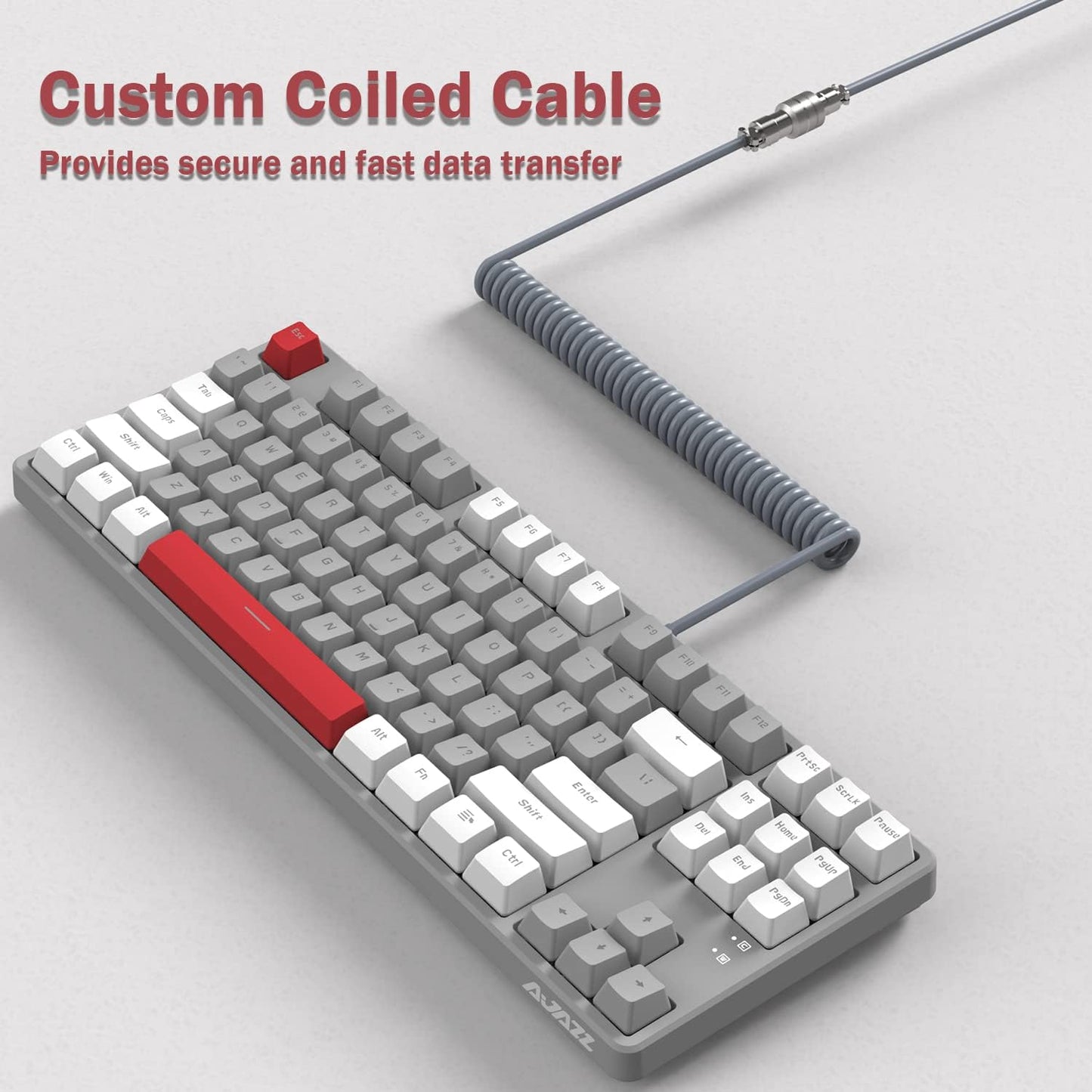 AK873 Wired 87 Key TKL Mechanical Gaming Keyboard - Rainbow Backlit, Hot-Swap Linear Red Switch, NKRO, Gasket, Custom Coiled Aviator USB-C to USB-A Cable. Designed for Win, PC, Mac, PS4, Switch, Xbox Gamers White Grey
