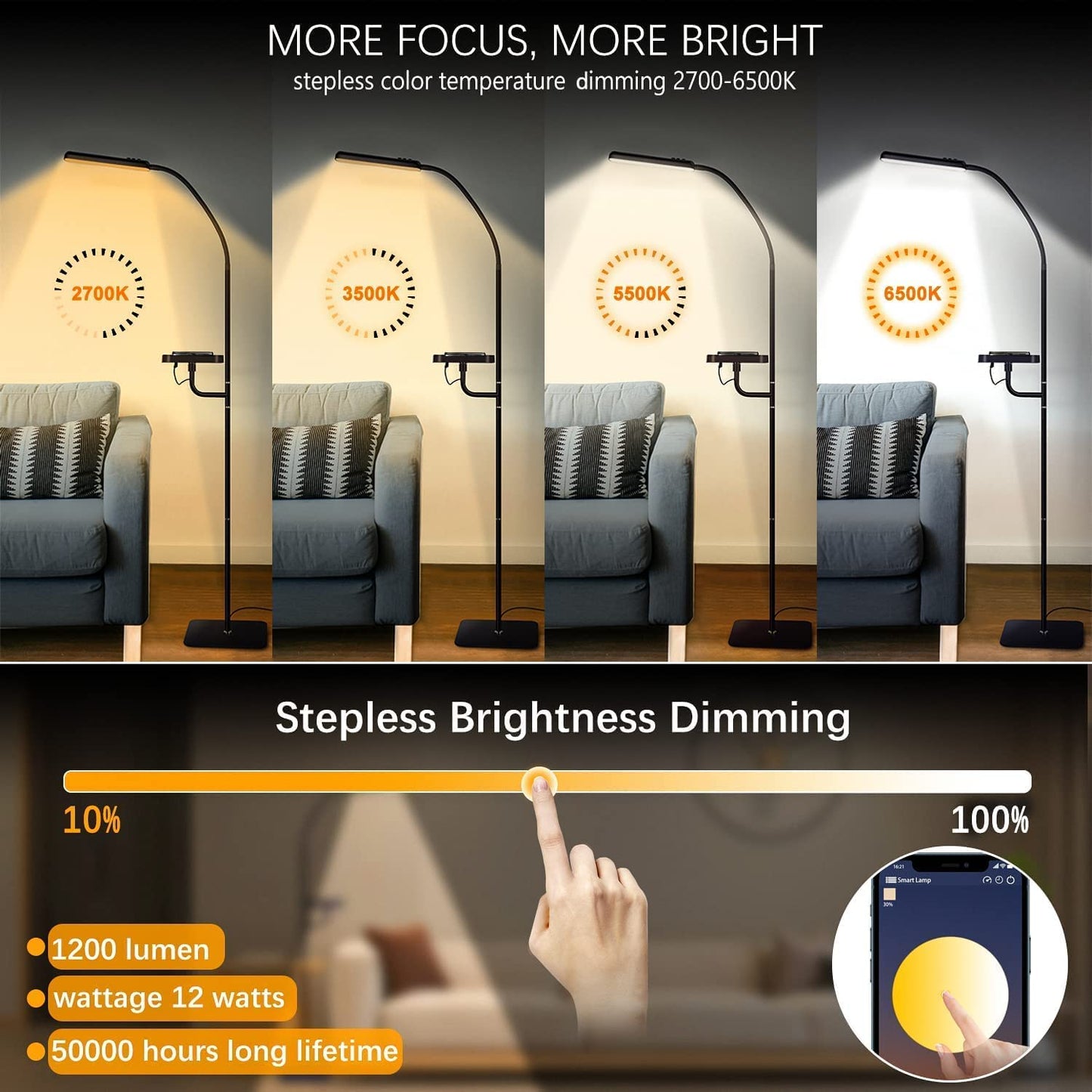 Floor Lamp with Wireless Charger, Flexible Gooseneck Standing Lamp with Timer & Memory Function, 4 Brightness Levels & 4 Colors Dimmable (2700K-6500K) for Home Office Living Bed Room Reading