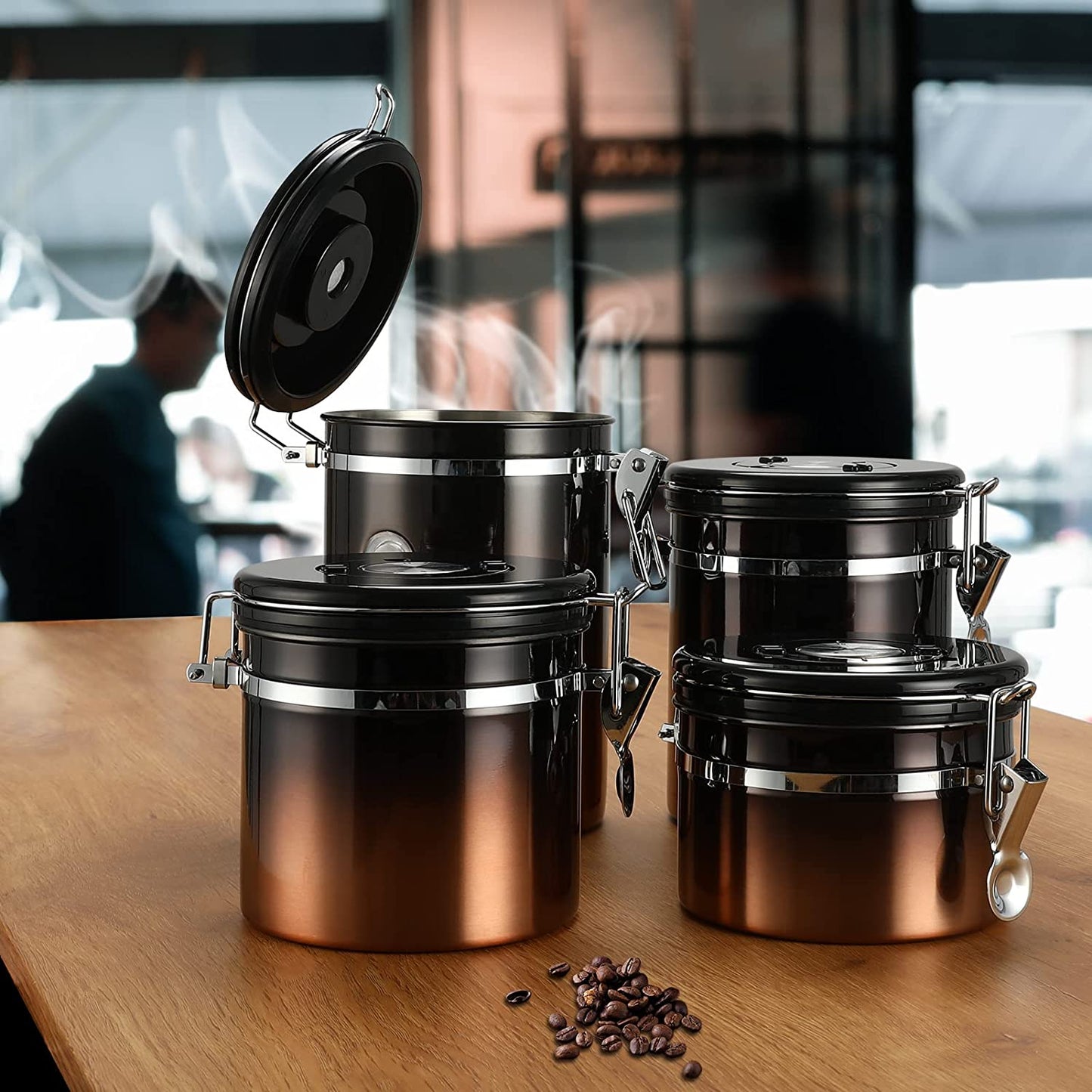 Gradient Coffee Canister - 12oz Stainless Steel Airtight Container for Kitchen Food Storage - Features Date Tracker Lid - Stylish Dark Copper Design