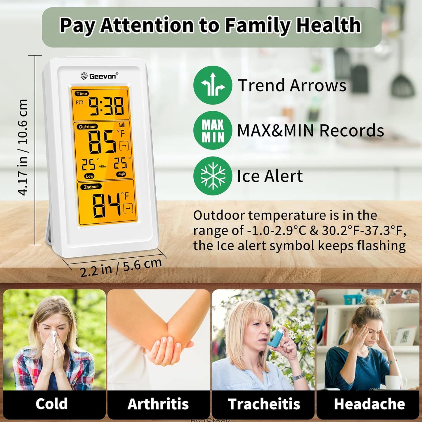 Wireless Digital Indoor Outdoor Thermometer with Time, Temperature Gauge, High/Low Readings, and 200ft/60m Range Temperature Monitoring