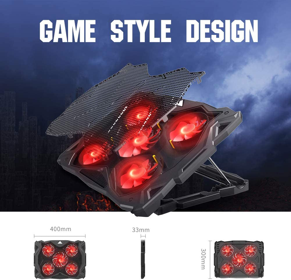 Laptop Cooling Pad - Equipped with 5 Quiet Red LED Fans designed for 12-17.3 Inch Laptops. Features Dual USB 2.0 Ports and is a Portable, 6-Angle Adjustable Laptop Stand, ideal for Gaming Laptops.