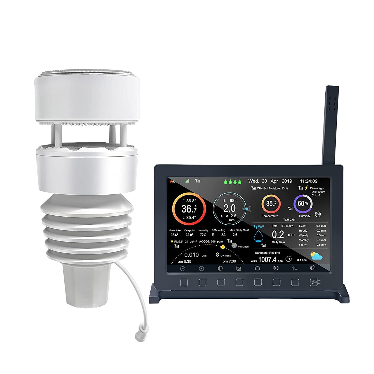 Weather Station HP2564 with 7-Inch TFT Display Console and 7-in-1 Outdoor Solar Powered Weather Sensor, Compatible with WU/WeatherCloud/Wow/Ecowitt Servers, 915 MHz