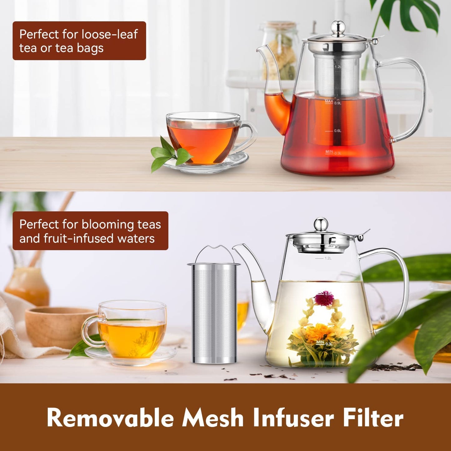 Glass Teapot 1200ml - Comes with Removable Loose Tea Infuser - Made from Borosilicate Glass - Features Scale Line - Stovetop Safe - Suitable for Blooming Tea and Other Teas - Presented in a Gift Box, Perfect for Tea Enthusiasts.