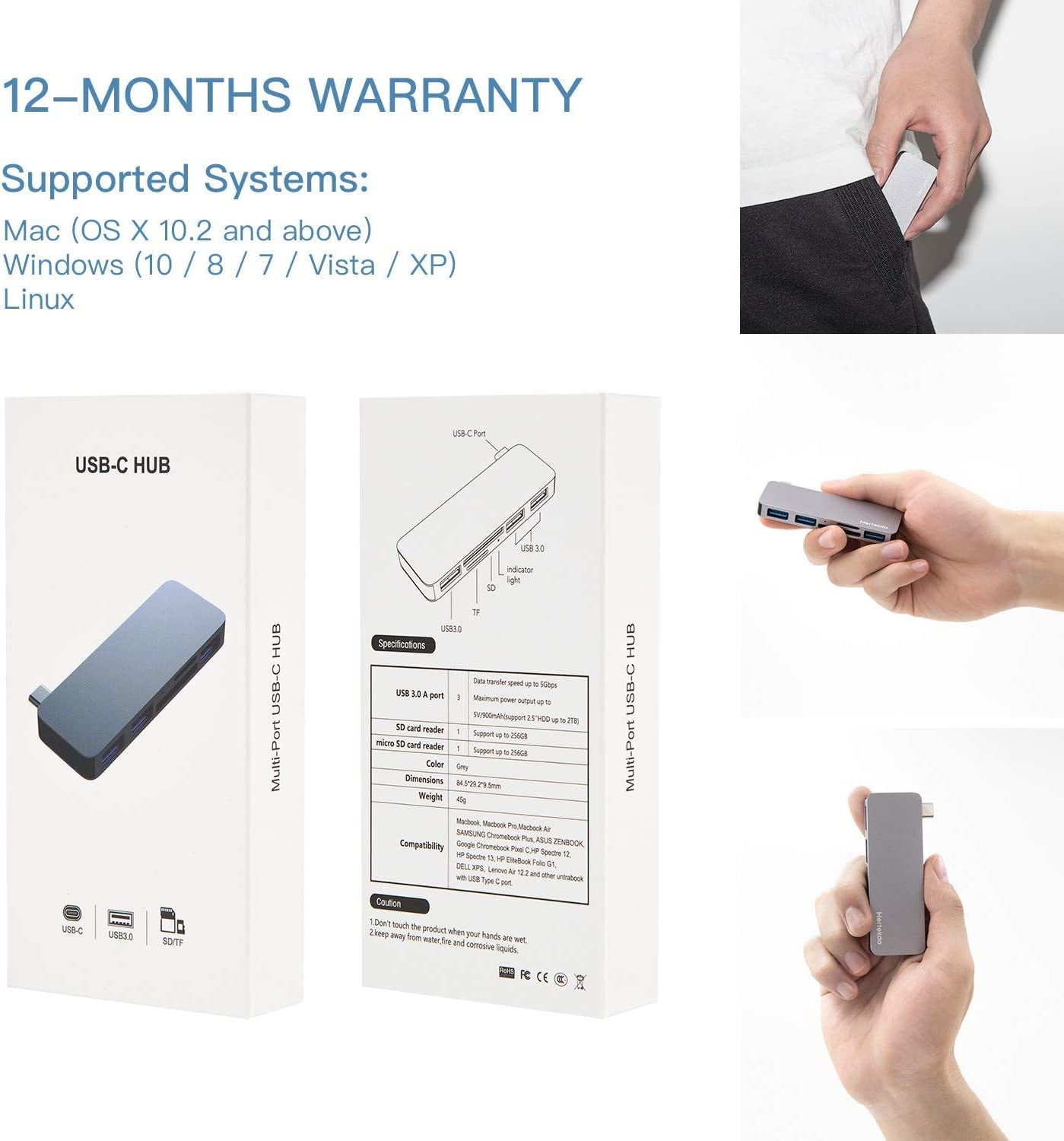 5-in-1 USB C Hub Adapter: Features 3 USB 3.0 Ports, an SD/TF Card Reader, and is compatible with MacBook, MacBook Pro, MacBook Air, Google, Dell, Asus, Huawei, Microsoft Surface, and more.