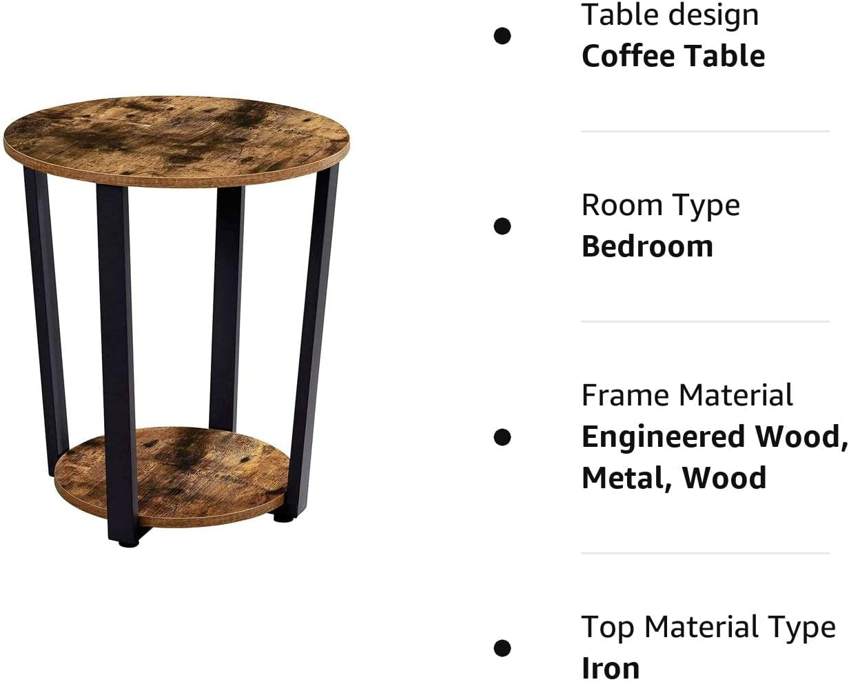Industrial Round End Table with Storage Rack - 2-Tier Small Sofa Couch Table - Wood Look Accent Table with Metal Frame for Living Room, Bedroom, Coffee, and Small Spaces