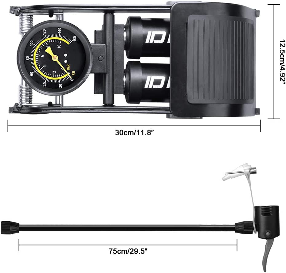Double Cylinder Bike Floor Pump - Double Barrel Foot Pump - Portable Bicycle Tire Pump with Pressure Gauge & Smart Valve Head - Ideal for Bike Inflation