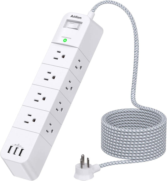 12-Outlet Surge Protector Power Strip with 3 USB Ports and a 5 Ft Long Extension Cord - Flat Plug Design, Surge Protection Outlet Strip for Home, Office, and More, with Wall Mount Option