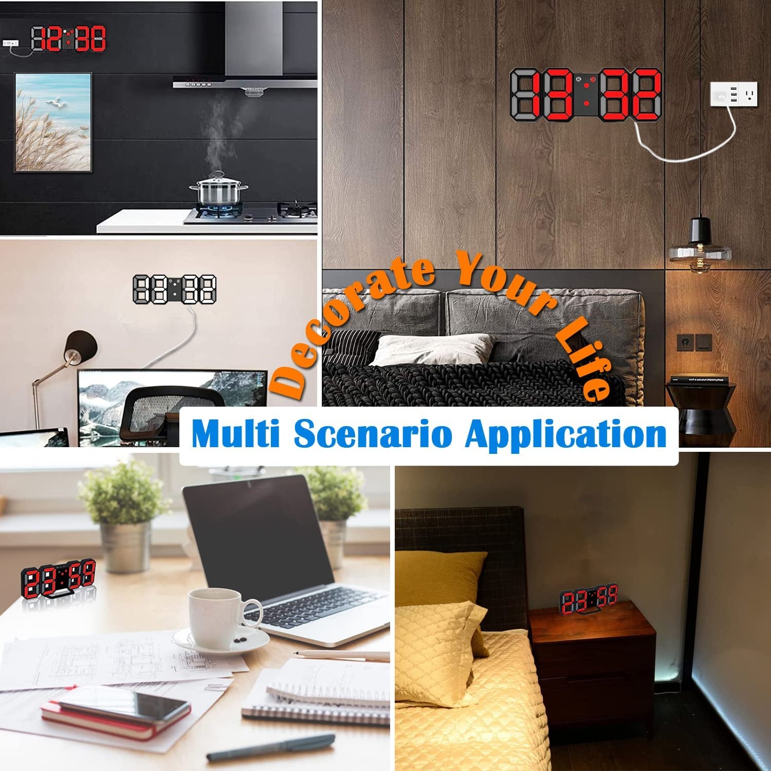 3D LED Night Light Digital Alarm Clock - 8.4" Clock for Bedrooms with Dimmer, 12/24H, Snooze - Ideal for Office, Bedroom, Nightstand, and Desk - Black/Red