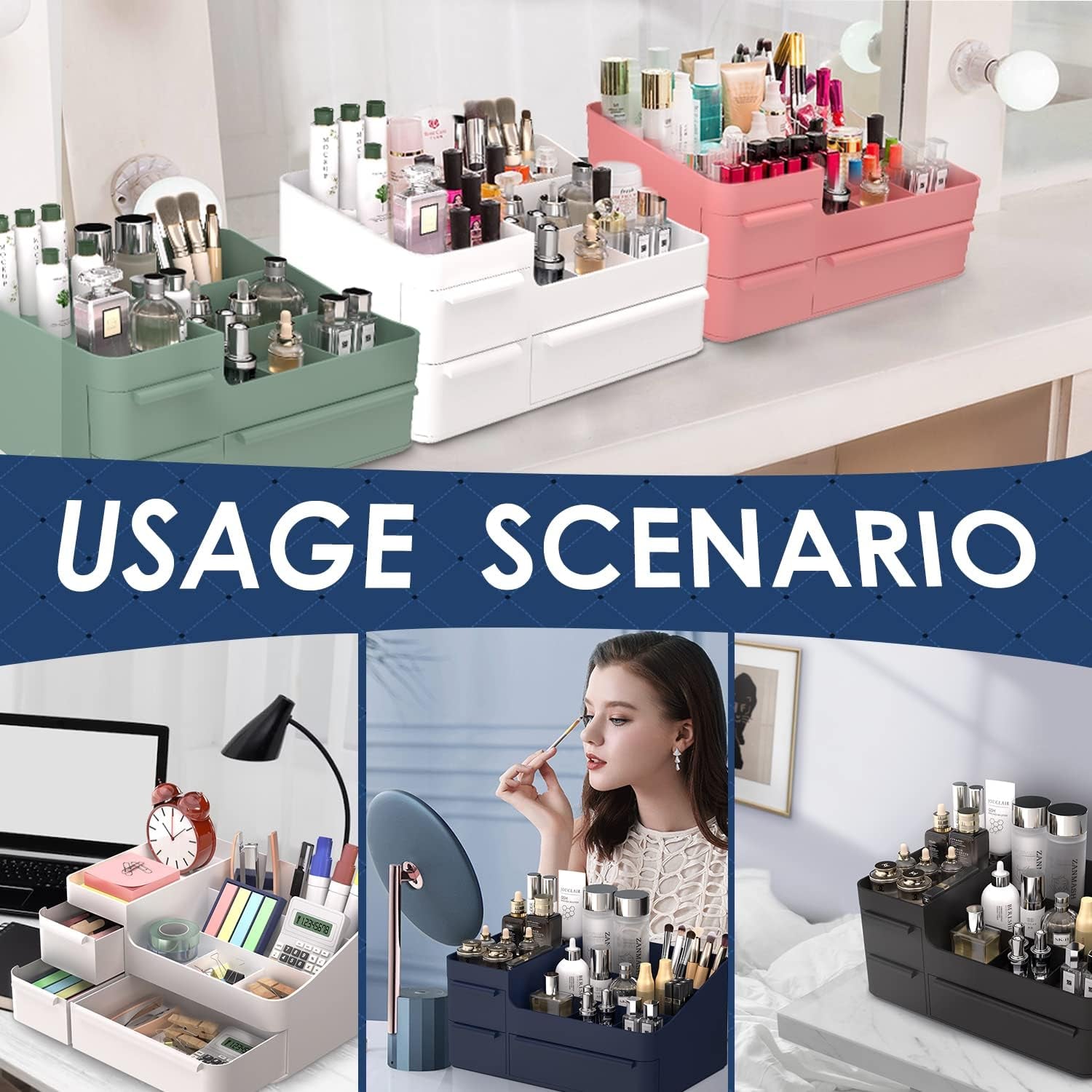 Black Plastic Vanity Makeup Organizer with 6 Compartments, Perfect for Brushes, Eyeshadow Palettes, and Beauty Supplies, Comes with Drawer Organizer Tray for Easy Use.