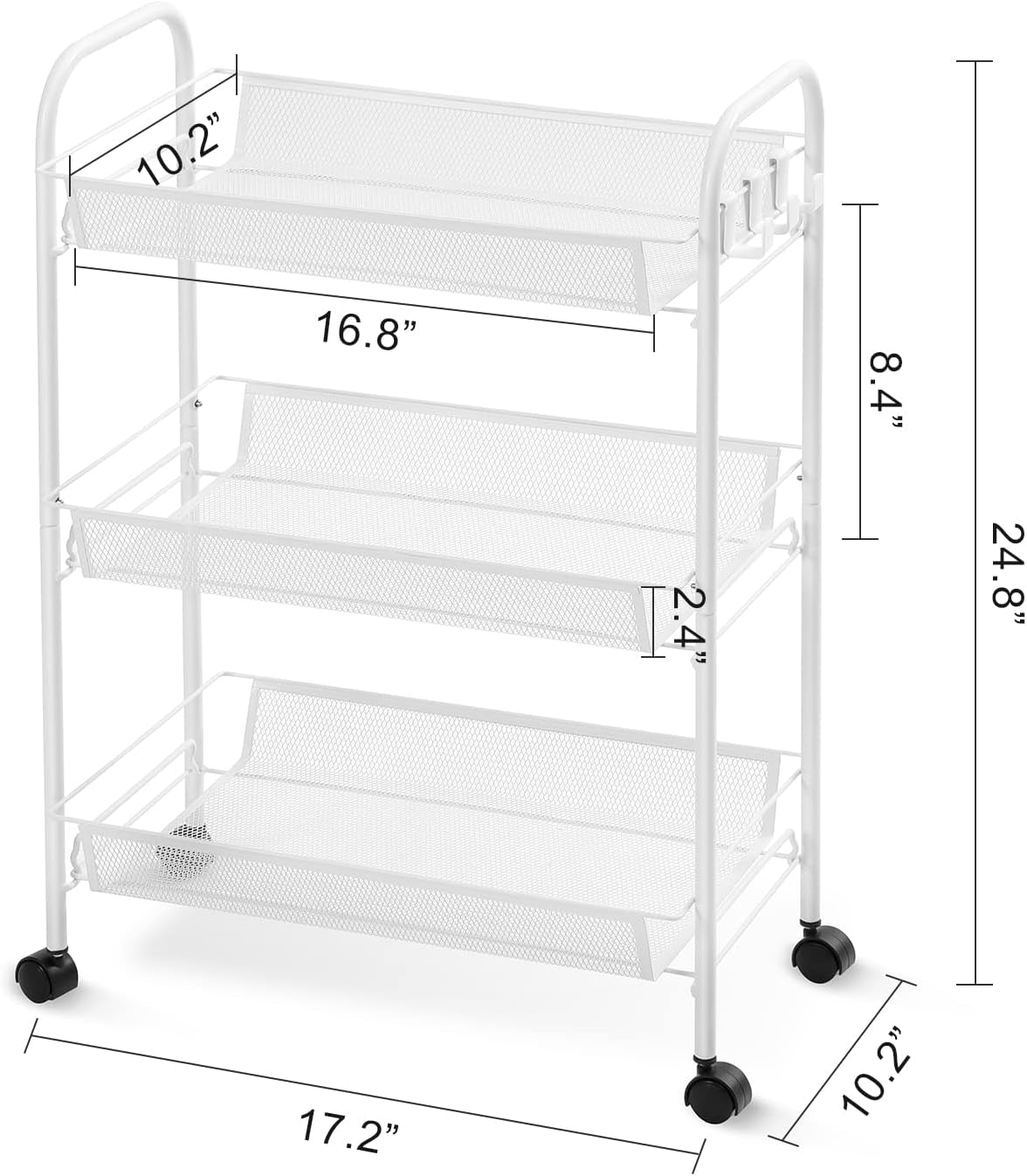 Rolling 3-Tier Cart - Easy Assembly, Mobile Storage Trolley with Wheels, Slide-Out Utility Cart for Kitchen, Bathroom, Laundry Room White