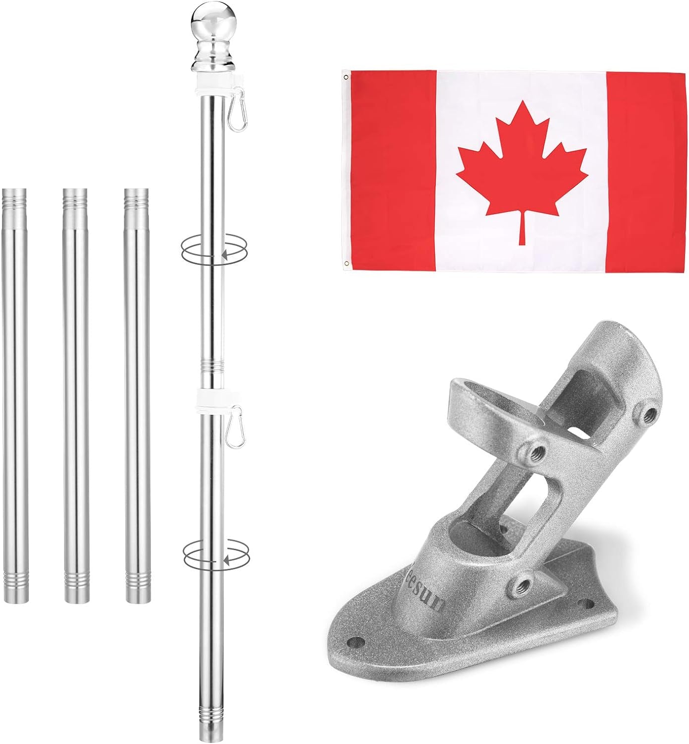  6FT Canada Flag Pole with Mounting Bracket and 3' x 5' Canada Flag - Ideal for House Porch & Outdoor Use, Featuring 360° Tangle Resistant Technology and Wall Mount Flag Pole Kit (Silver)