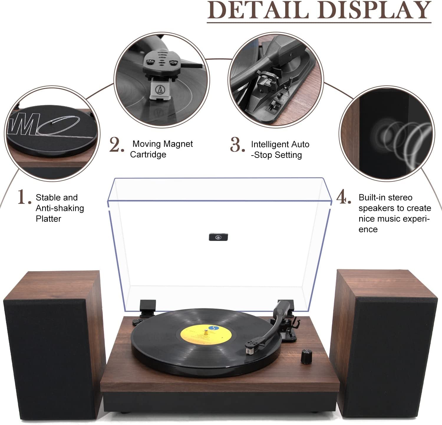 Wireless Turntable HiFi System with Bookshelf Speakers - This 2-Speed Belt-Drive Turntable for Vinyl Records offers Wireless Playback and Auto-Stop feature. It comes in a Walnut finish.