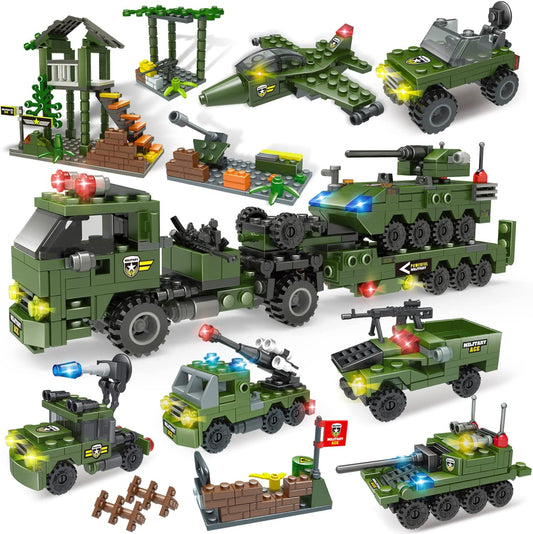 Police Station and Military Base Building Kit - Includes Heavy Transport Truck Toy, Armored Vehicles, Airplane, and Storage Box with Baseplate Lid - Perfect Present for Kids Aged 6-12, Suitable for Boys and Girls