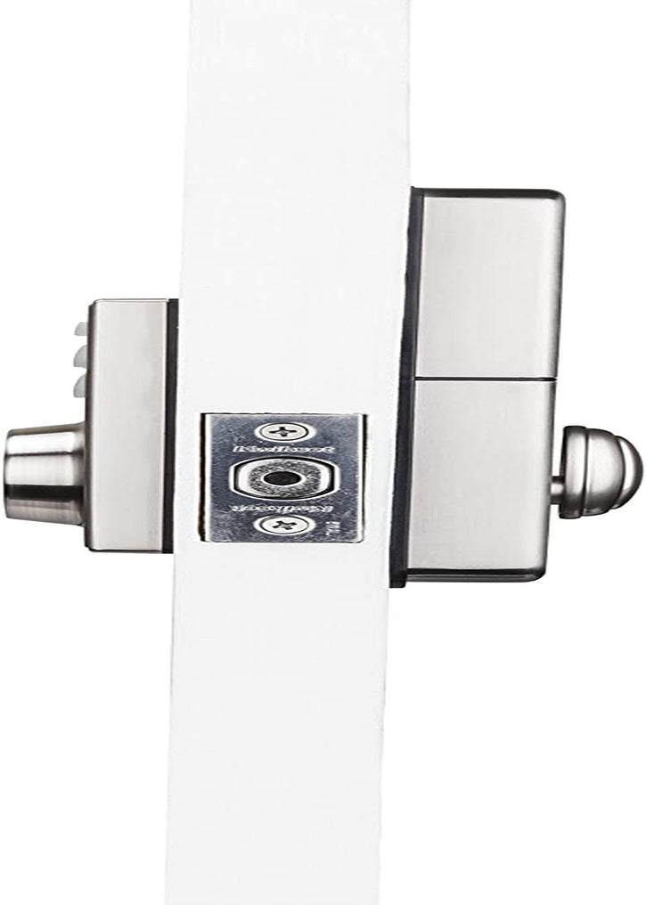 Contemporary Electronic Keypad Single Cylinder Deadbolt - Features 1-Touch Motorized Locking Mechanism, Comes in a Satin Nickel Finish, and Measures 8 x 4 x 6 inches.