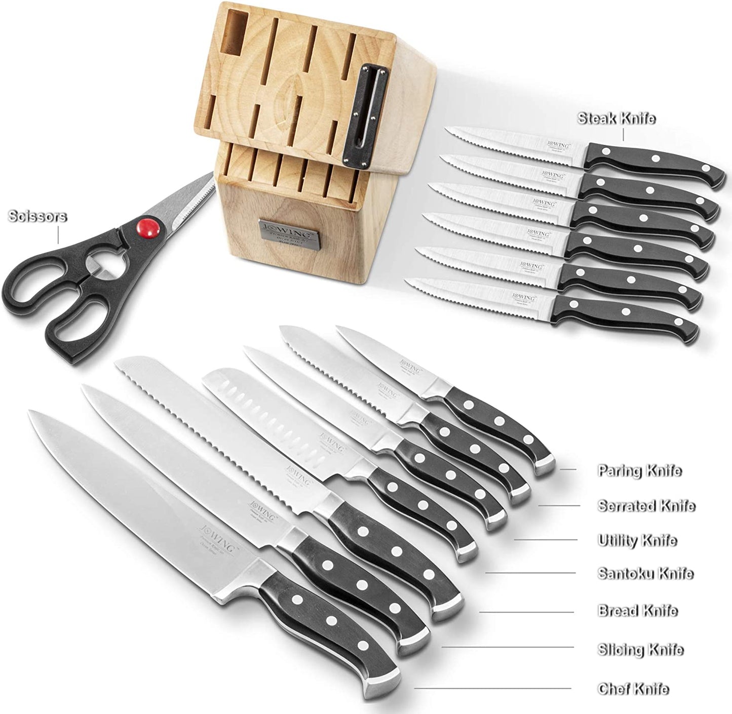 15-Piece Professional Kitchen Knife Set - Ocean Series Premium Forged Full Tang Chef Knives Set with Rubber Wood Block, Crafted from German High Carbon Stainless Steel; Black Color.