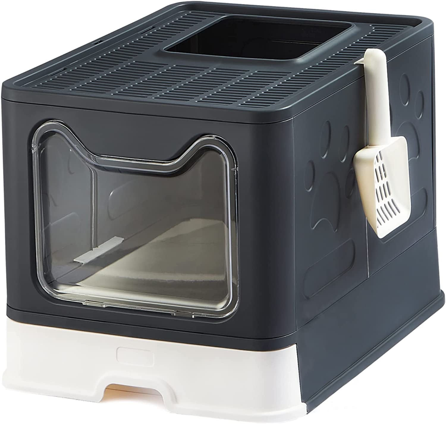  Foldable Cat Litter Box with Lid and Drawer, Large Top Entry  Litter Box with Cat Litter Scoop, Enclosed Kitty Litter Box - Easy Clean Low Tracking Cat Litter Pan (Black)