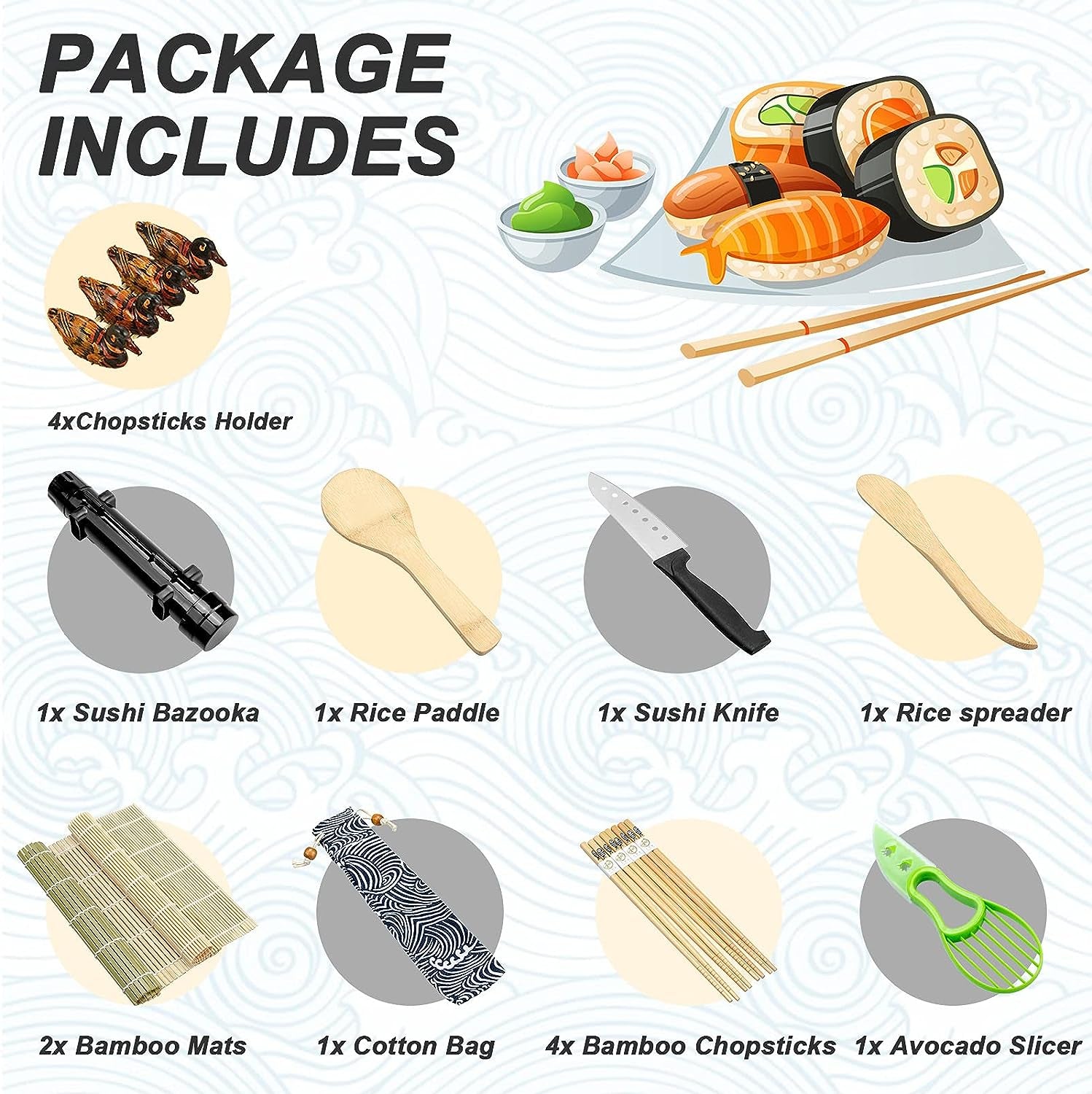 Complete Sushi Making Kit: Includes Bamboo Mat, Sushi Rolling Mat, Paddle, Spreader, Sushi Knife, Chopsticks Holder, Cotton Bag, and Avocado Slicer - Ideal for Beginners