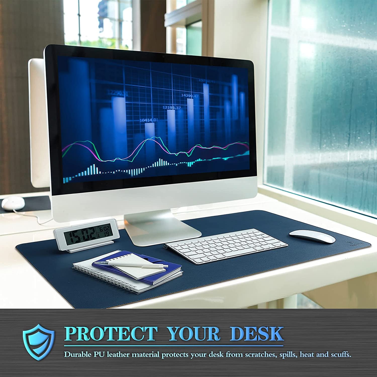 Dark Blue Desk Pad/Office Desk Mat, 31.5" x 15.7" PU Leather Desk Blotter, Laptop Desk Mat, Waterproof Desk Writing Pad for Office and Home, Dual-Sided 