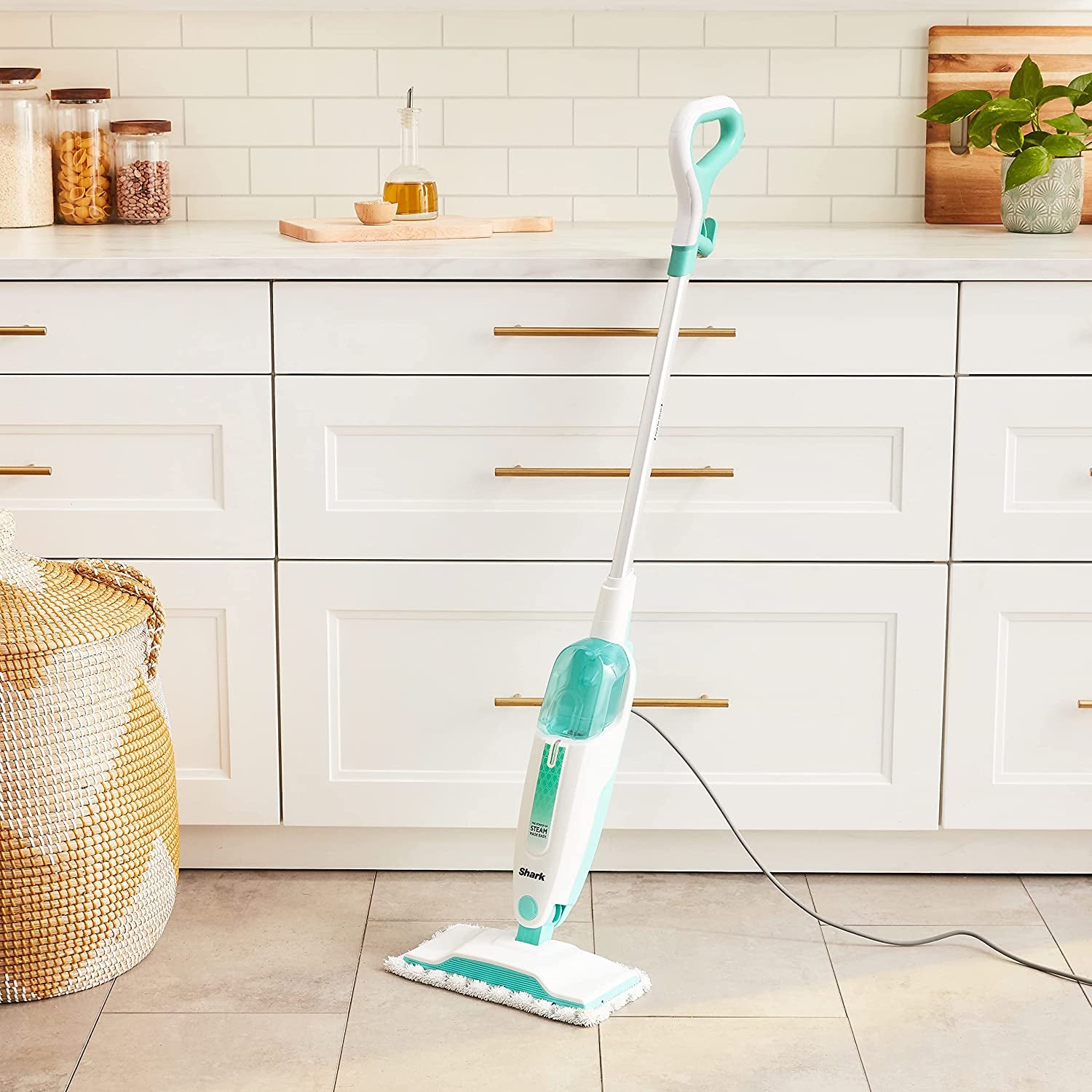 S1000 Steam Mop: Lightweight, Safe for All Sealed Hard Floors (Tile, Hardwood, Stone, Laminate, Vinyl, and More), Includes 2 Machine Washable Dirt Grip Pads, Removable Water Tank - White/Seafoam.