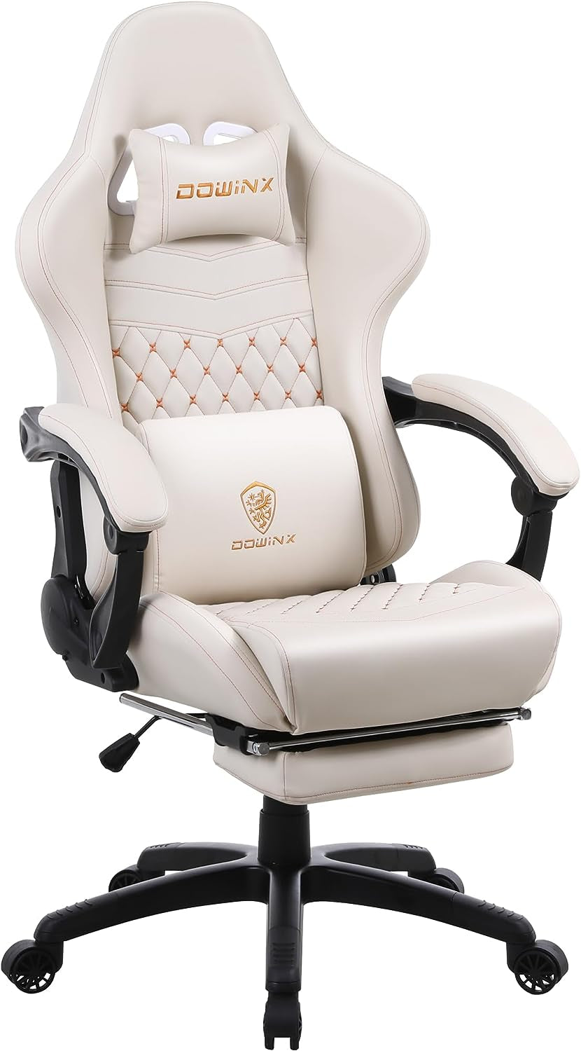 Gaming Chair Office Desk Chair with Massage Lumbar Support, Vintage Style Armchair, PU Leather E-Sports Gamer Chairs with Retractable Footrest in Milky White