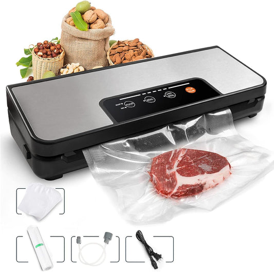 Powerful Vacuum Food Sealer Machine - Features 80kPa Sealing System - Equipped with an Attached Roll Bag Cutter, Sous Vide Bag, and Hose - Offers Dry & Moist Food Modes - Ideal for Sealing Meals and Preserving Freshness.