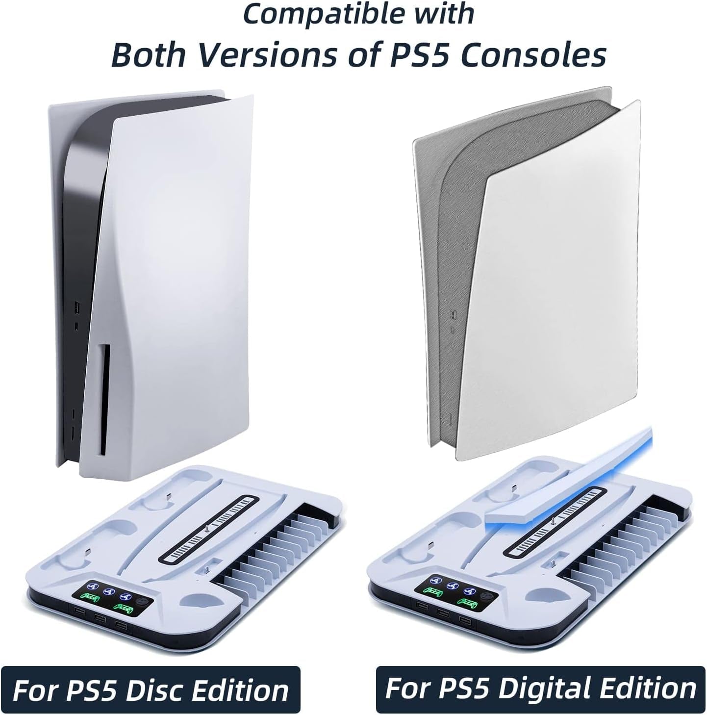 PS5 Cooling Stand with 3-Level Speeds Cooling Fan, Game Storage, Dual Controllers Charger, Headset Holder, and LED Indicators - White