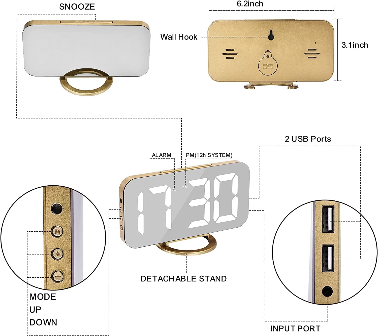 LED Digital Alarm Clock with Large Mirror Display, Dual USB Charger Ports, 3 Levels Brightness, 12/24H Format, Modern Electronic Clock for Bedroom, Home, Living Room, Office - Gold