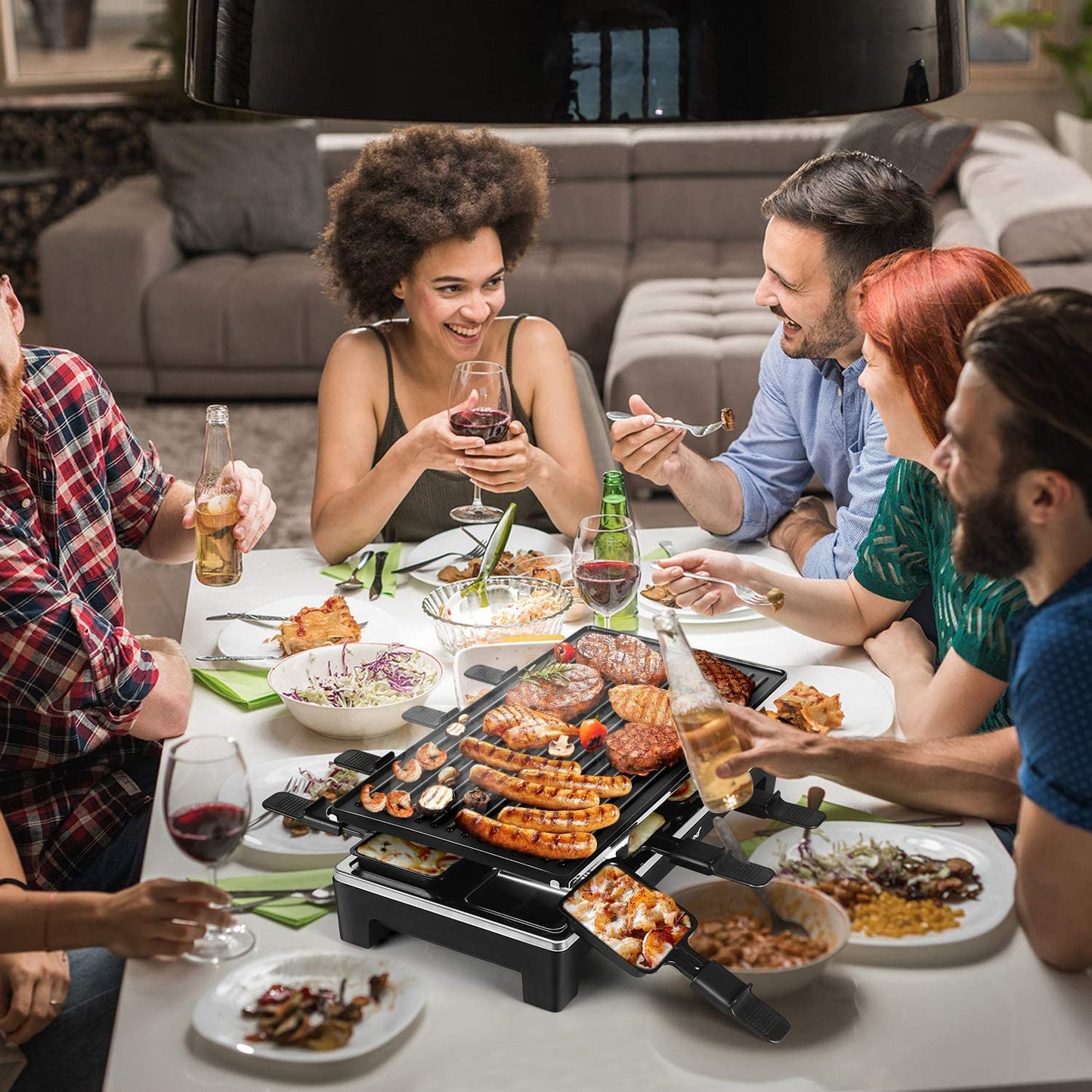 Electric Indoor Korean BBQ Grill - Tabletop Grill with Removable 2-in-1 Non-Stick Grill Plate, 1500W Fast Heating, 8 Cheese Melt Pans Included - Perfect for Parties and Family Gatherings - Black