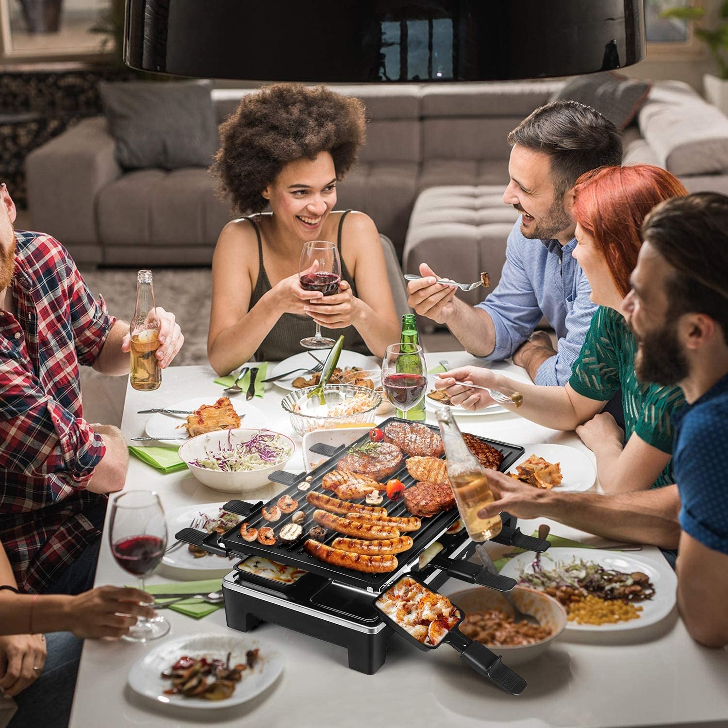 Electric Indoor Korean BBQ Grill - Tabletop Grill with Removable 2-in-1 Non-Stick Grill Plate, 1500W Fast Heating, 8 Cheese Melt Pans Included - Perfect for Parties and Family Gatherings - Black