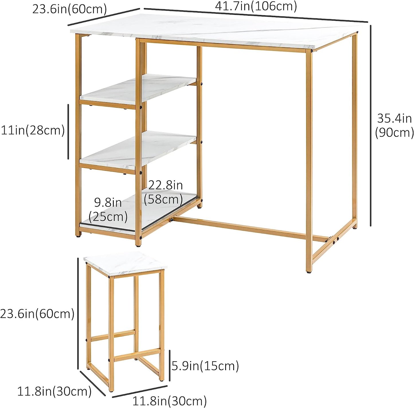 3 Piece Bar Table Set with 2 Stools, Ideal for Small Spaces, Featuring Storage Shelves and White Faux Marble Design