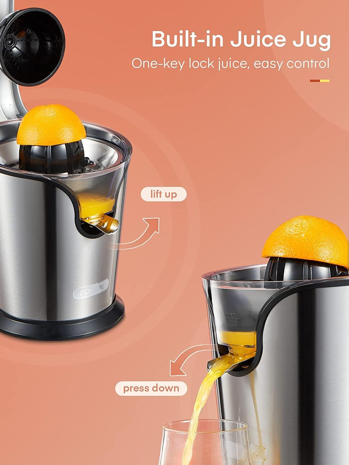 Compact Stainless Steel Electric Citrus Juicer - Citrus Press Juicer Squeezer with 2 Size Cones, Humanized Handle, Ideal for Oranges, Lemons, Grapefruits, and Limes.