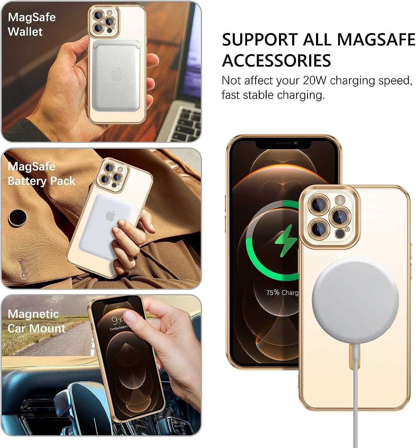 iPhone 12 Pro Magnetic Case - Clear, flexible TPU cover with Magsafe compatibility. Shockproof and anti-scratch. Clear/Gold.