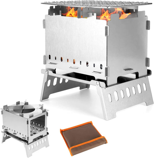 Portable Camping Campfire Grill Pit Stove, Foldable Stainless Steel Camping Backpacking Wood Stove with Grill Gate and Carrying Bag for Outdoor Cooking 