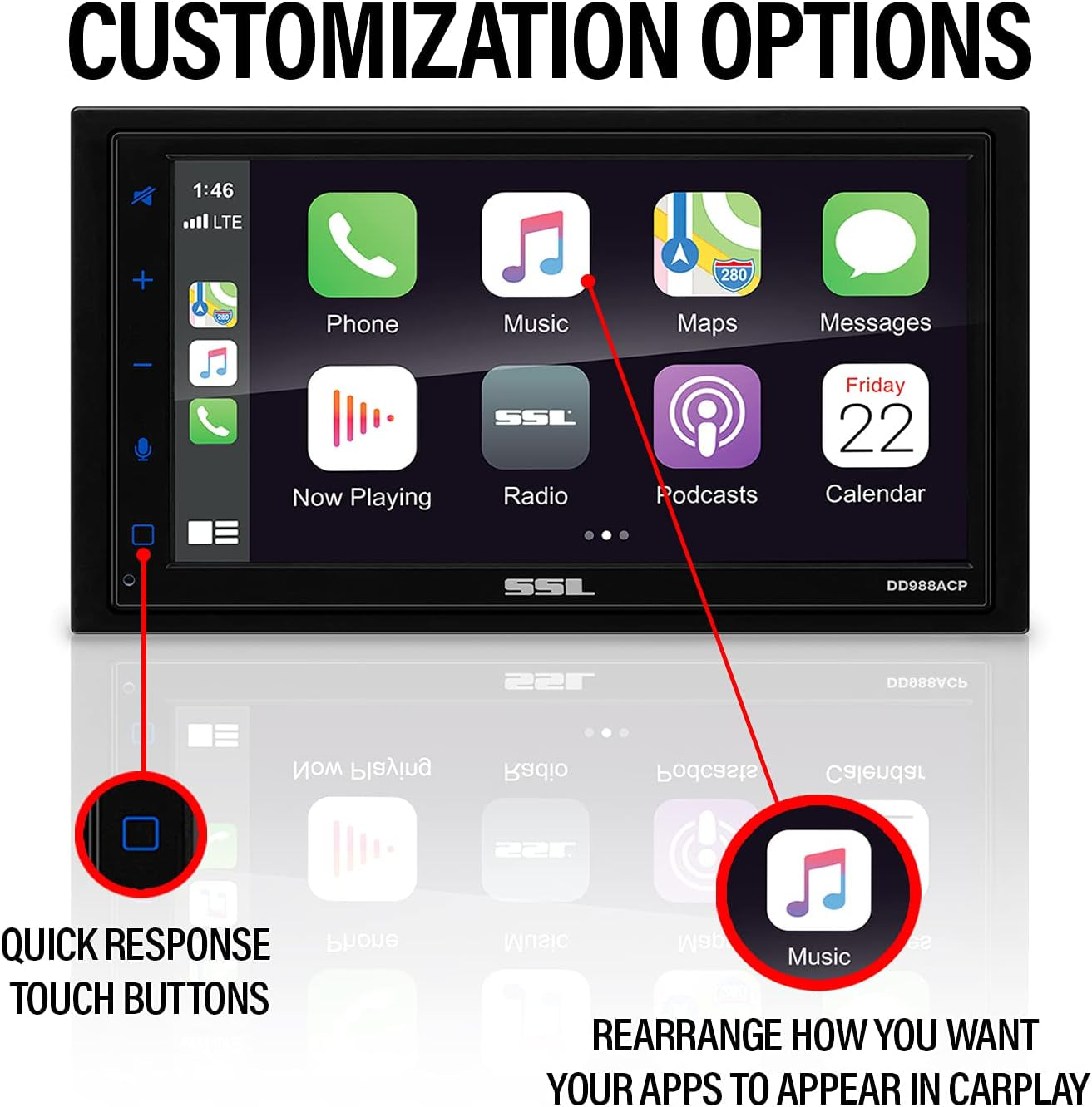 Car Audio Stereo System - Features Apple CarPlay, Android Auto, 6.75 Inch Double-Din Touchscreen, Bluetooth Audio and Calling Capabilities. This Head Unit does not include a CD Player but serves as a Radio Receiver.