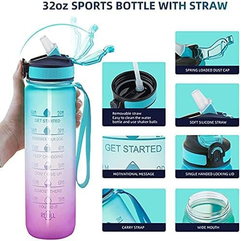 32 oz Motivational Water Bottle with Straw - BPA-Free Tritan Travel Bottle - Wide Mouth Design - Ideal for Sports, Fitness, Hiking, Workouts, and Gym - 1 Liter Capacity - Vibrant Blue Color.