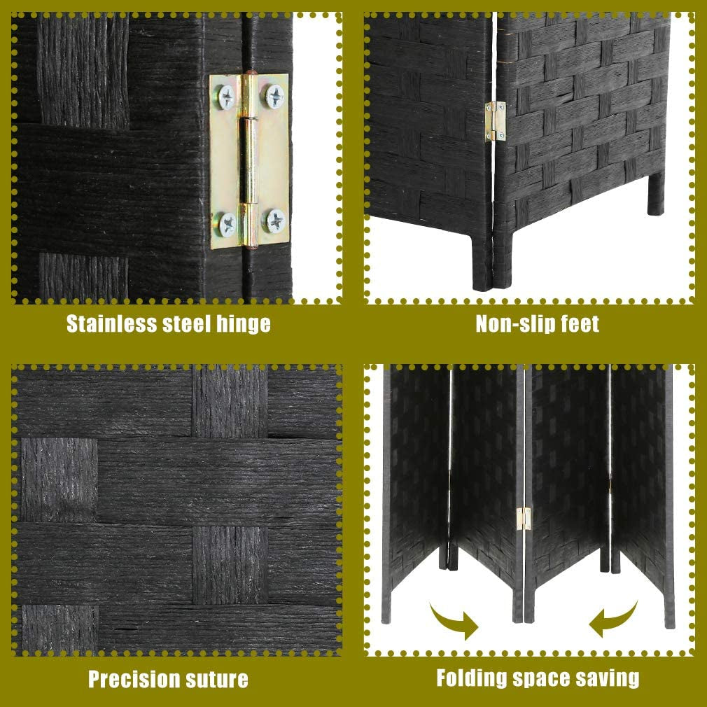 4-Panel Wooden Folding Screen: Mesh Woven Design for Privacy and Room Division in Black