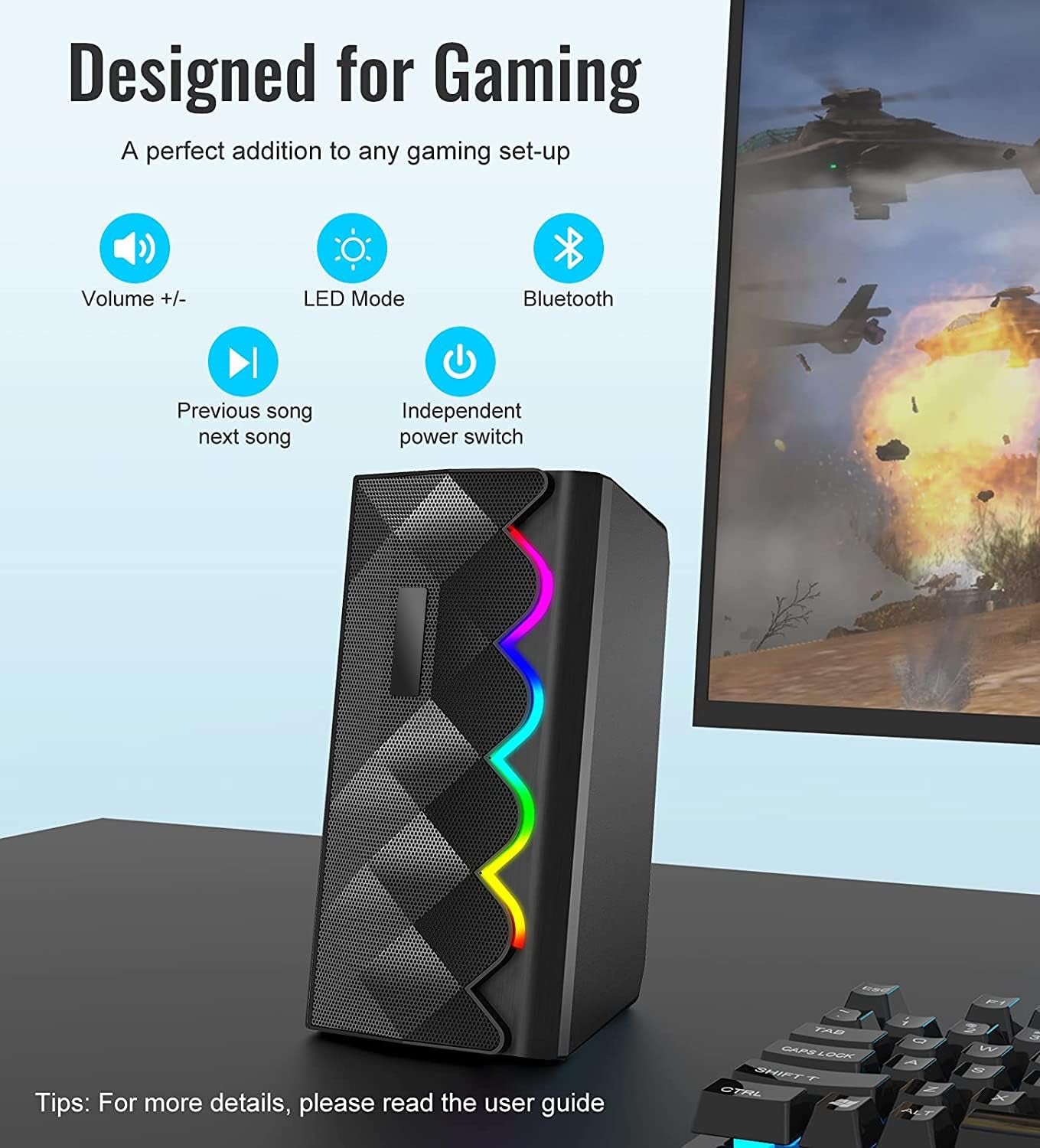 RGB Gaming PC Speaker: 10W Computer Speakers with 6 RGB LED Backlights, Stereo Bass, and support for USB and 3.5mm Cable & Bluetooth connectivity. Compatible with Laptops, Desktops, Tablets, Smartphones, Monitors, and more.