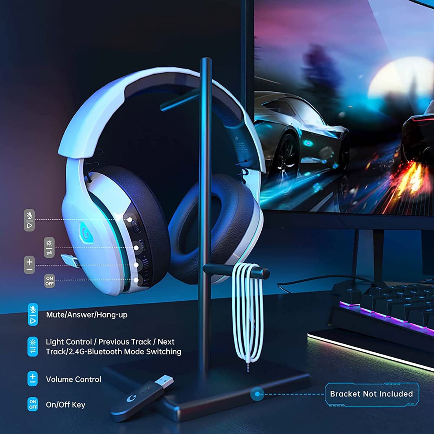 Wireless Gaming Headset - 2.4GHz for PC, PS4, PS5, Mac, Nintendo Switch, Bluetooth 5.2, Detachable Noise-Canceling Mic, Stereo Sound, 3.5mm Wired Mode for Xbox Series