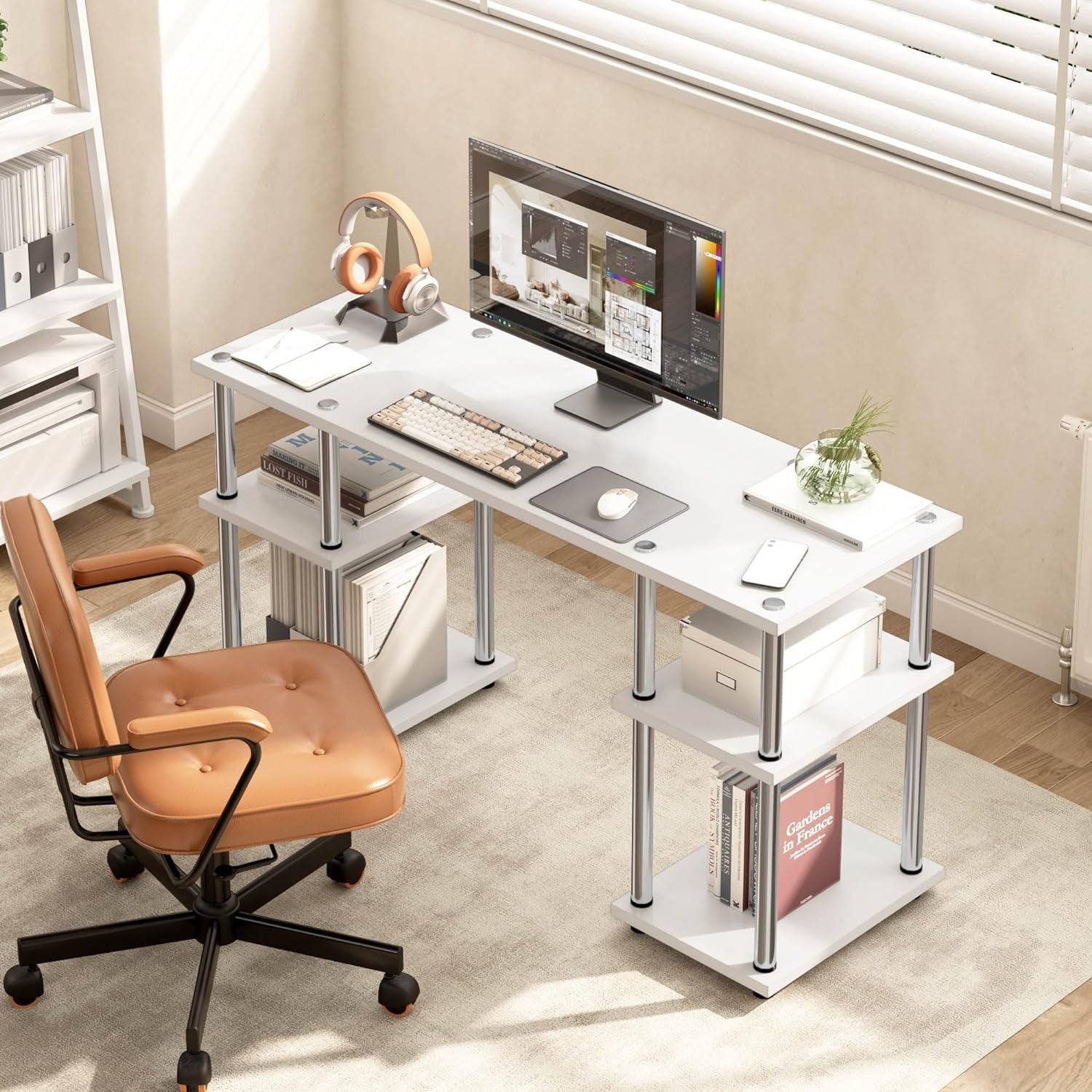 Spacious Computer Desk with Storage Shelves - Contemporary Laptop Table for Study, Writing, and Gaming - Sleek and Minimalist Design - Ideal for Home Office - White Metal Frame