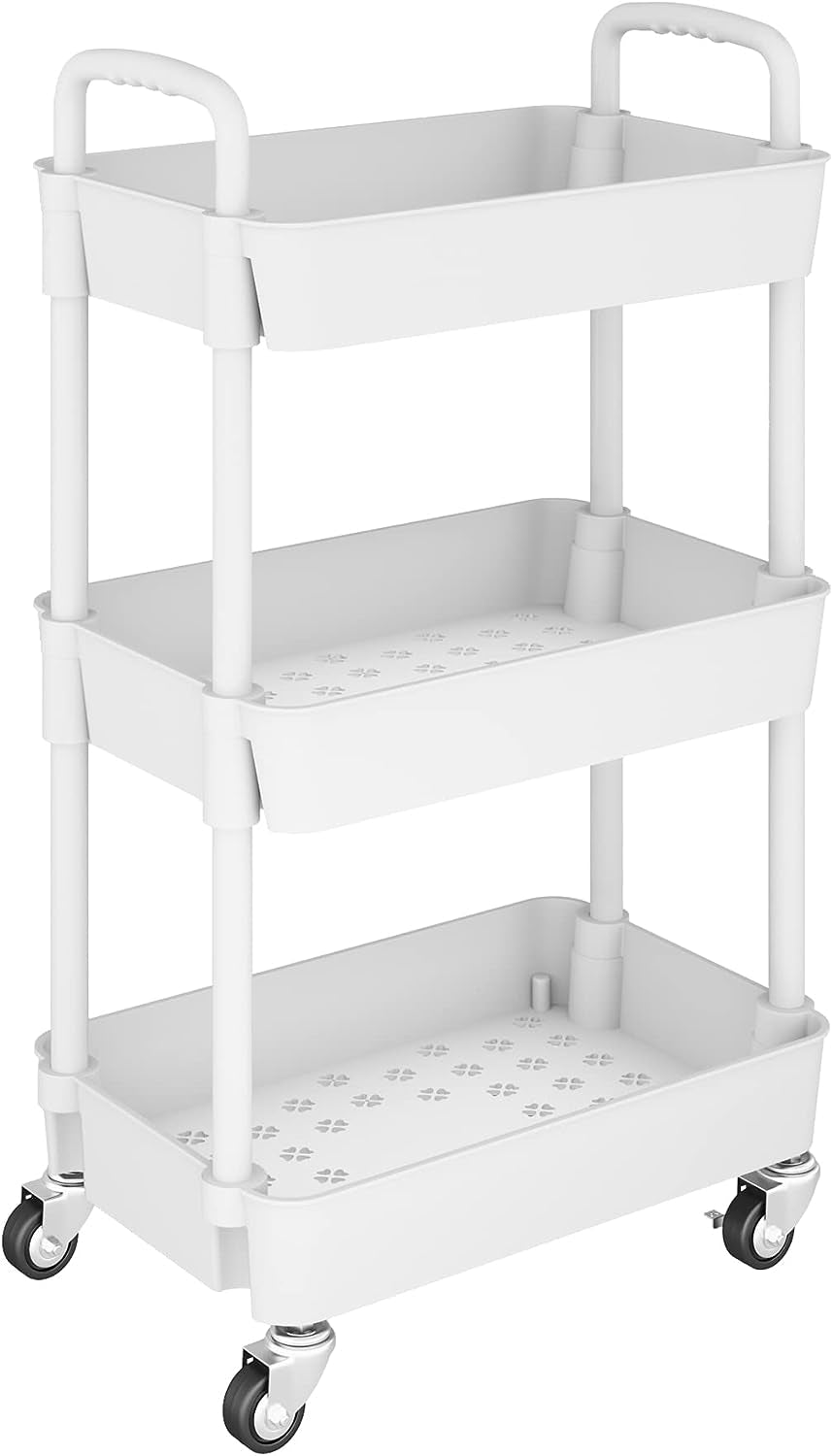 3-Tier Multifunction Kitchen Rolling Utility Cart - Storage Organizer with Handle and 2 Lockable Wheels for Kitchen,Bathroom,Living Room,Office,White