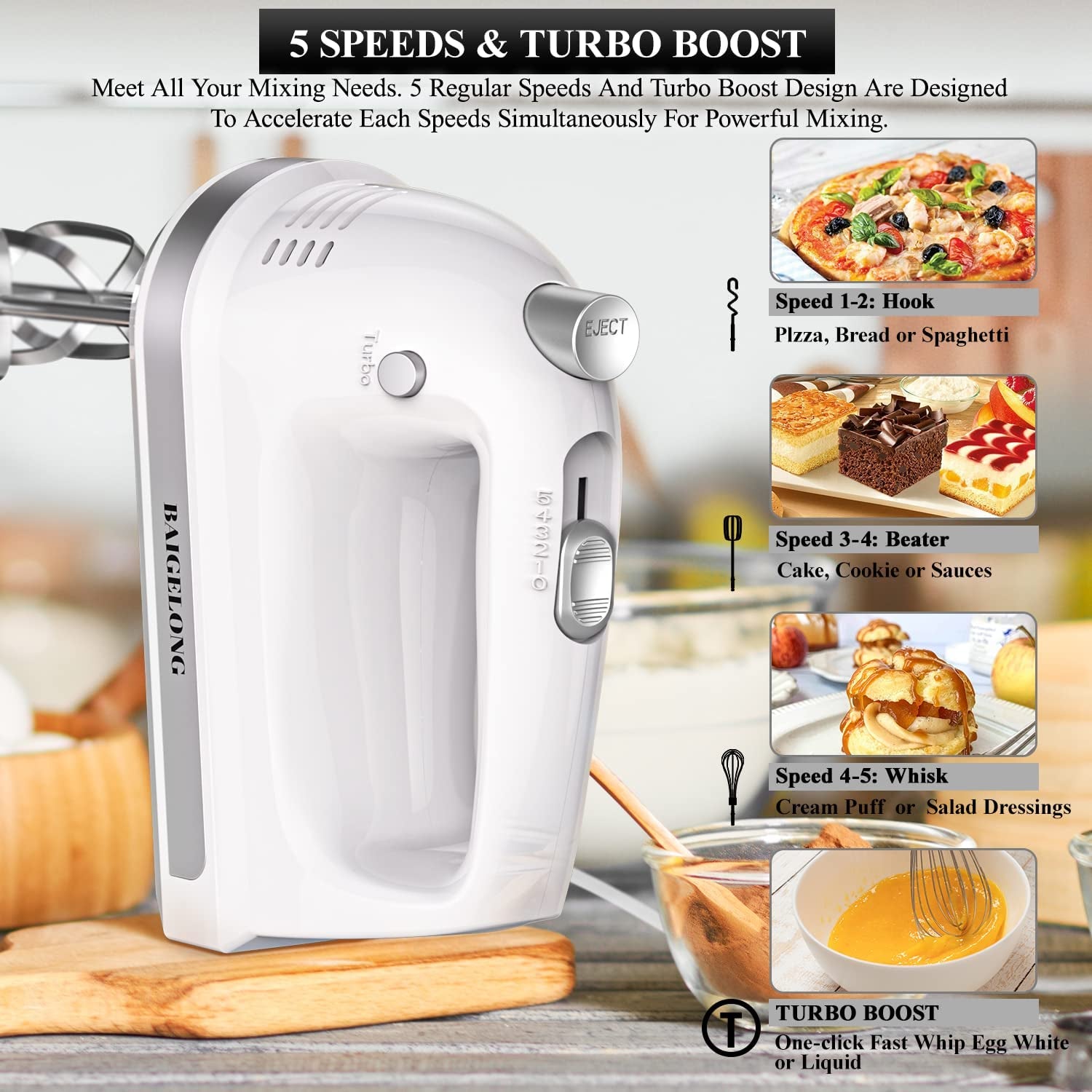300W Ultra Power Electric Hand Mixer with 5 Self-Control Speeds + Turbo Boost - Includes 5 Stainless Steel Attachments for Baking - White Color